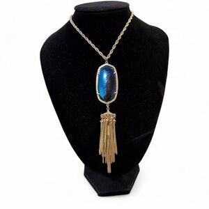 Kendra Scott Rayne Long Goldtone Pendant with Vibrant Blue Stone EUC